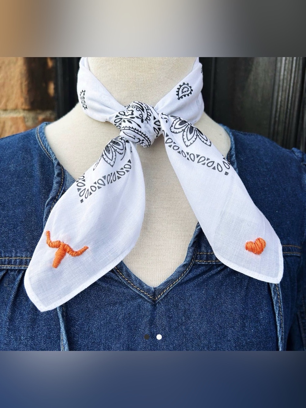 Hand Embroidered Game Day Bandana Scarf White Cotton 21”x21”